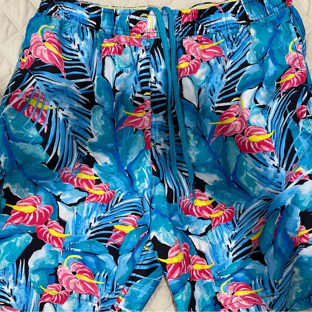Caribbean Blue and Pink Floral Swim Trunks